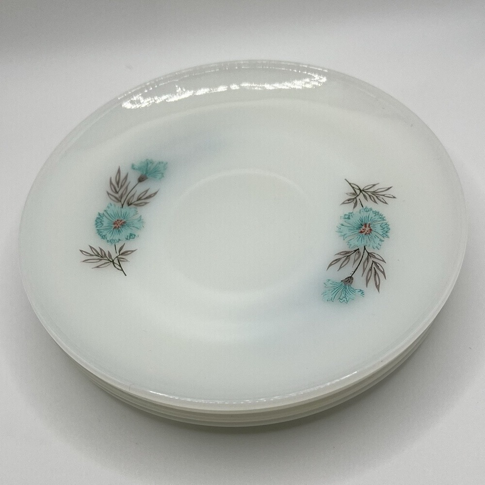 Set Of 4 Vintage Fire King Bonnie Blue Floral Saucer Plate Teal Flower MCM White - Picture 1 of 8